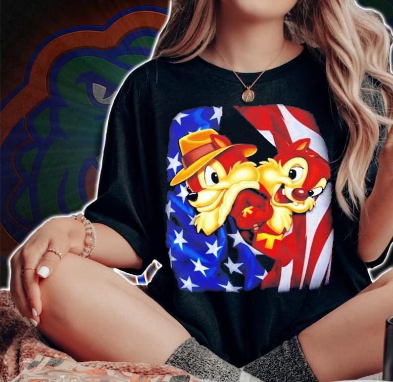 Chip And Dale Flag American 4th Of July Colorful Disney Graphic Cartoon T-Shirt t-shirt woman shirt