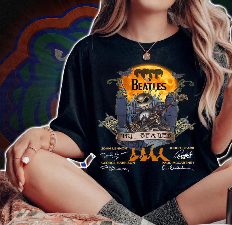 Halloween The Beatles Jack Skellington Abbey Road Signatures t-shirt woman shirt