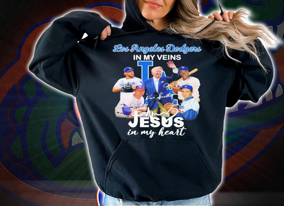 Vin Scully Los Angeles Dodgers In My Veins Jesus In My Heart Signatures Shirt t-shirt hoodie