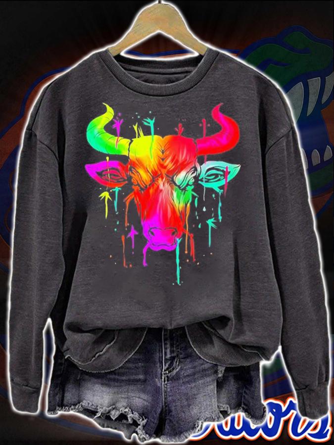 Bull Cow Multicolor Western Rodeo Bull Riding Gift T-Shirt t-shirt