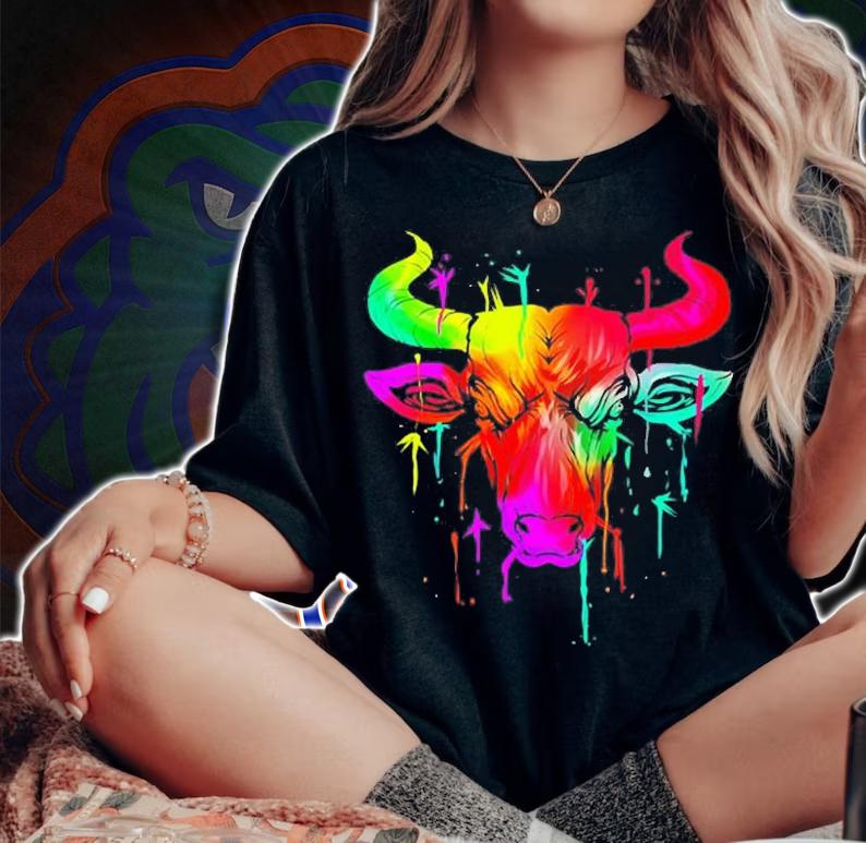 Bull Cow Multicolor Western Rodeo Bull Riding Gift T-Shirt t-shirt