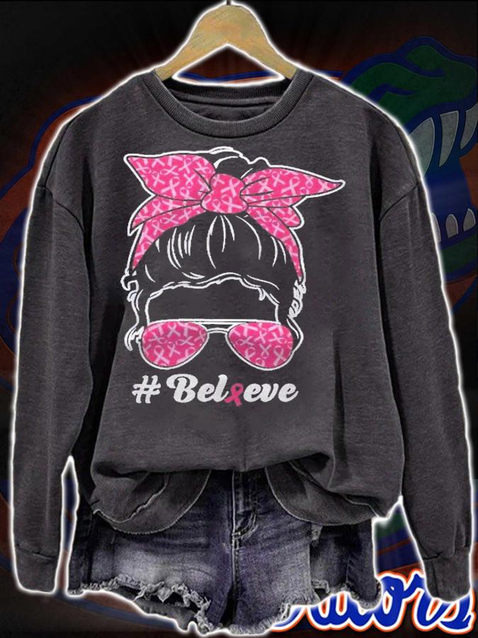 In October We Wear Pink Funny Messy Bun Believe Gift Shirt t-shirt sweatshirt