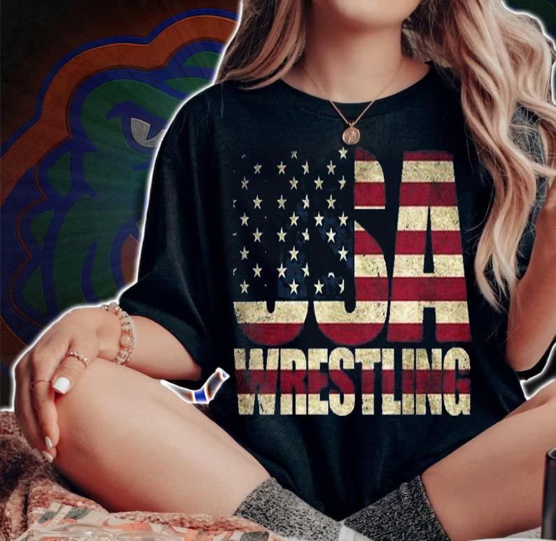 USA Wrestling American Flag Retro T-Shirt woman shirt
