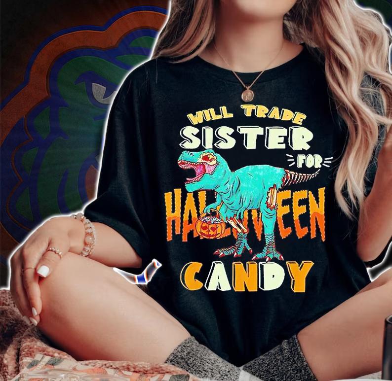 Halloween T-Rex will trade sister for candy matching T-shirt