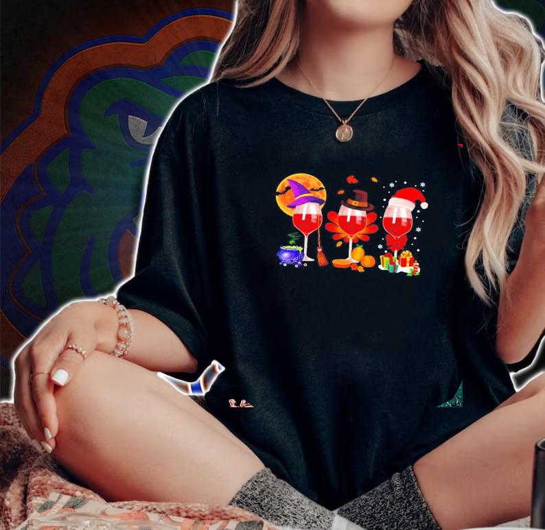 Glass of wine Happy Hallothanksmas shirt