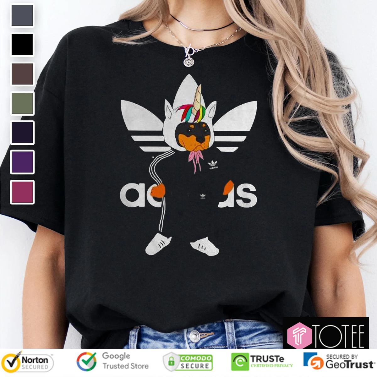 Rottweiler Wearing Unicorn Hat Parody Adidas Logo T-Shirt